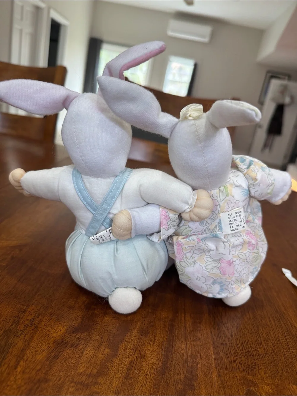 Vintage Pair of Plush Bunny Dolls in Pastel Floral Dress & Light Blue Overalls